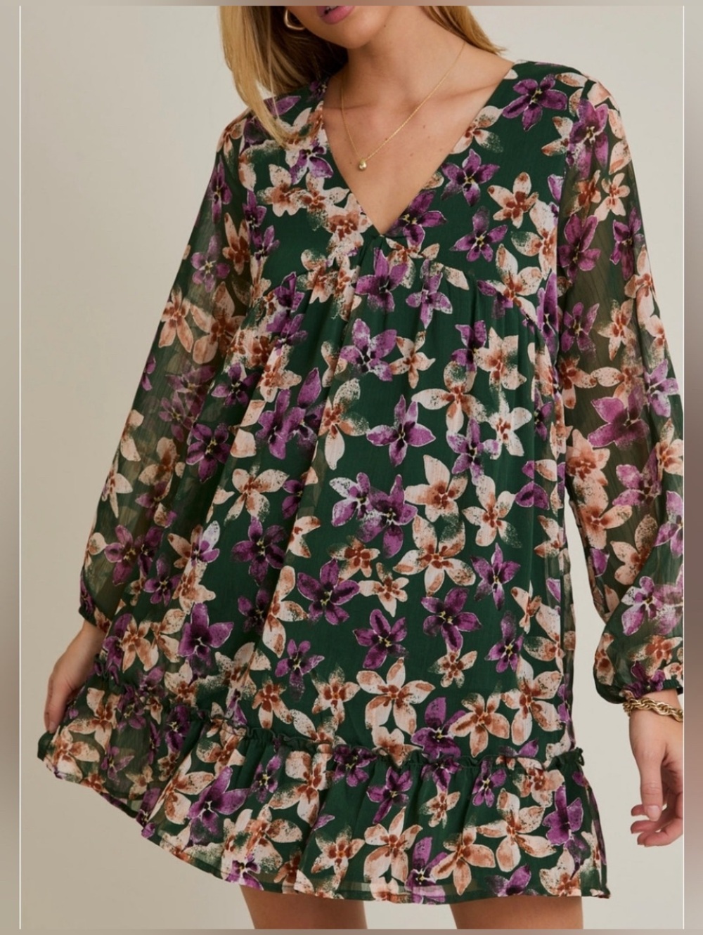 Gilli-Green Floral Print V-Neck Dress size S